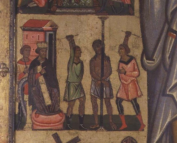Kruisiging met Verhalen van de Passie: detail met de Geseling van Christus, School van Lucca door Italian School
