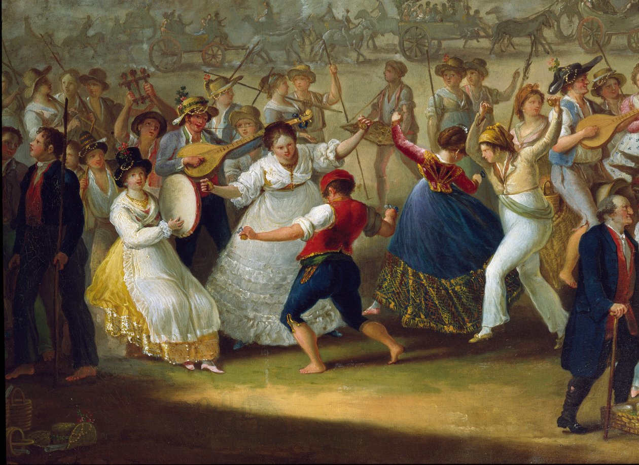 Dansscène en volksfeest in Napels Dansers van tarantella. Anoniem schilderij. 18e eeuw Napels, Museo Nazionale di San Martino door Italian School