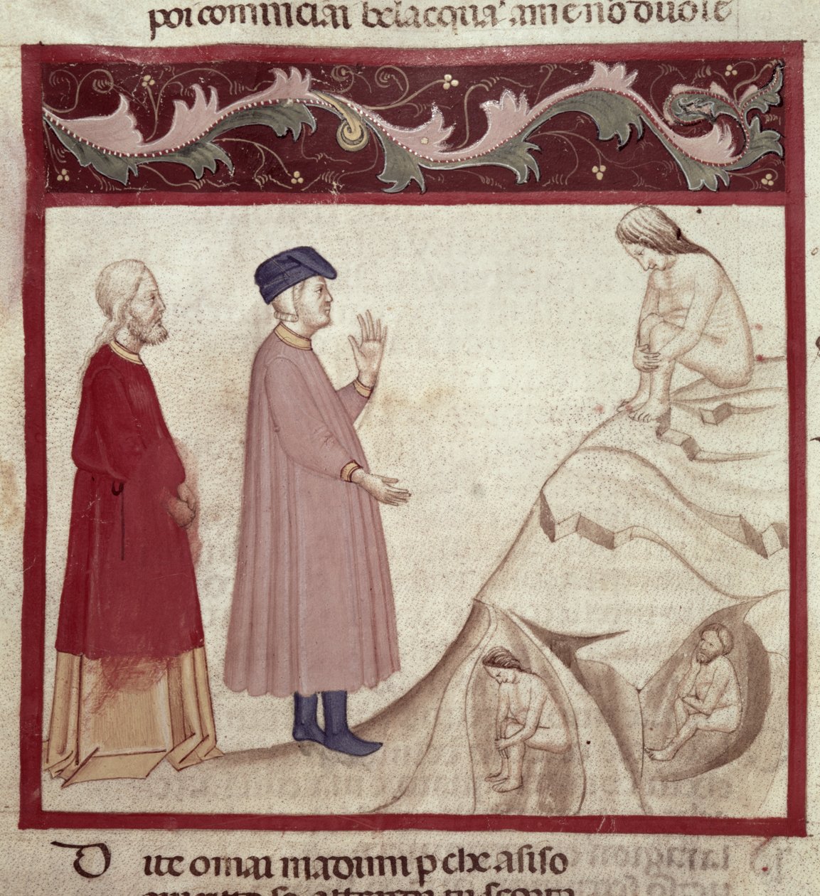 Dante en Vergilius ontmoeten de zielen gevangen in de rotsen, uit De Goddelijke Komedie van Dante Alighieri door Italian School