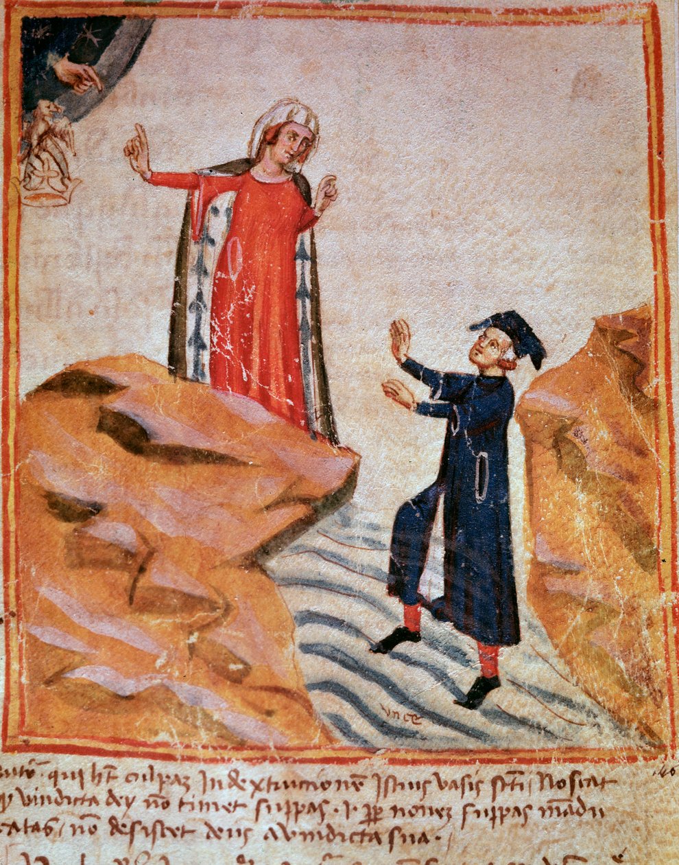 Dante ontmoet Mathelda aan de oever van de Lethe (canto 28 van het Vagevuur, in de Goddelijke Komedie) - miniatuur door Italian School
