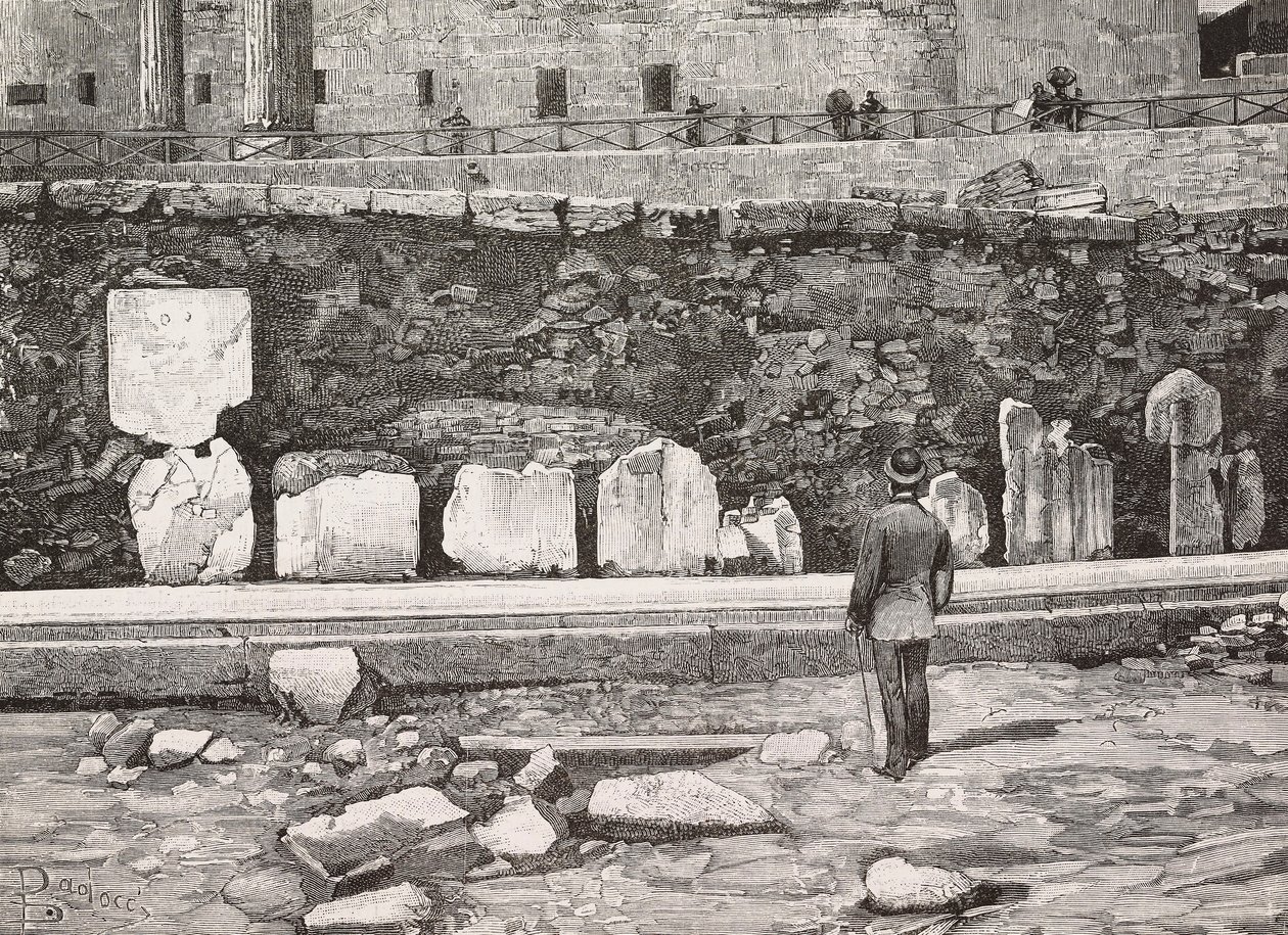 Decoratieve hemicyclus in het Romeinse Forum, Rome, Italië, gravure naar tekening van Dante Paolocci, uit L