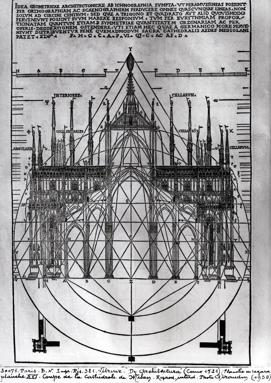 Ontwerp voor de kathedraal van Milaan, illustratie uit De Architectura door Vitruvius, Como, 1521 door Italian School