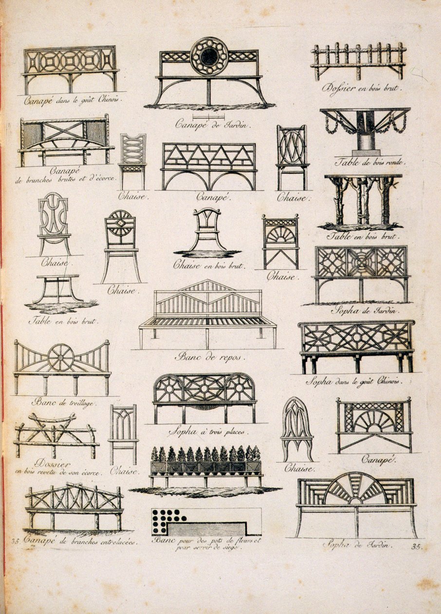 Ontwerpen voor tuinbanken, uit Een Compendium van Tekeningen, door J.G. Grohmann, gepubliceerd 1805 door Italian School