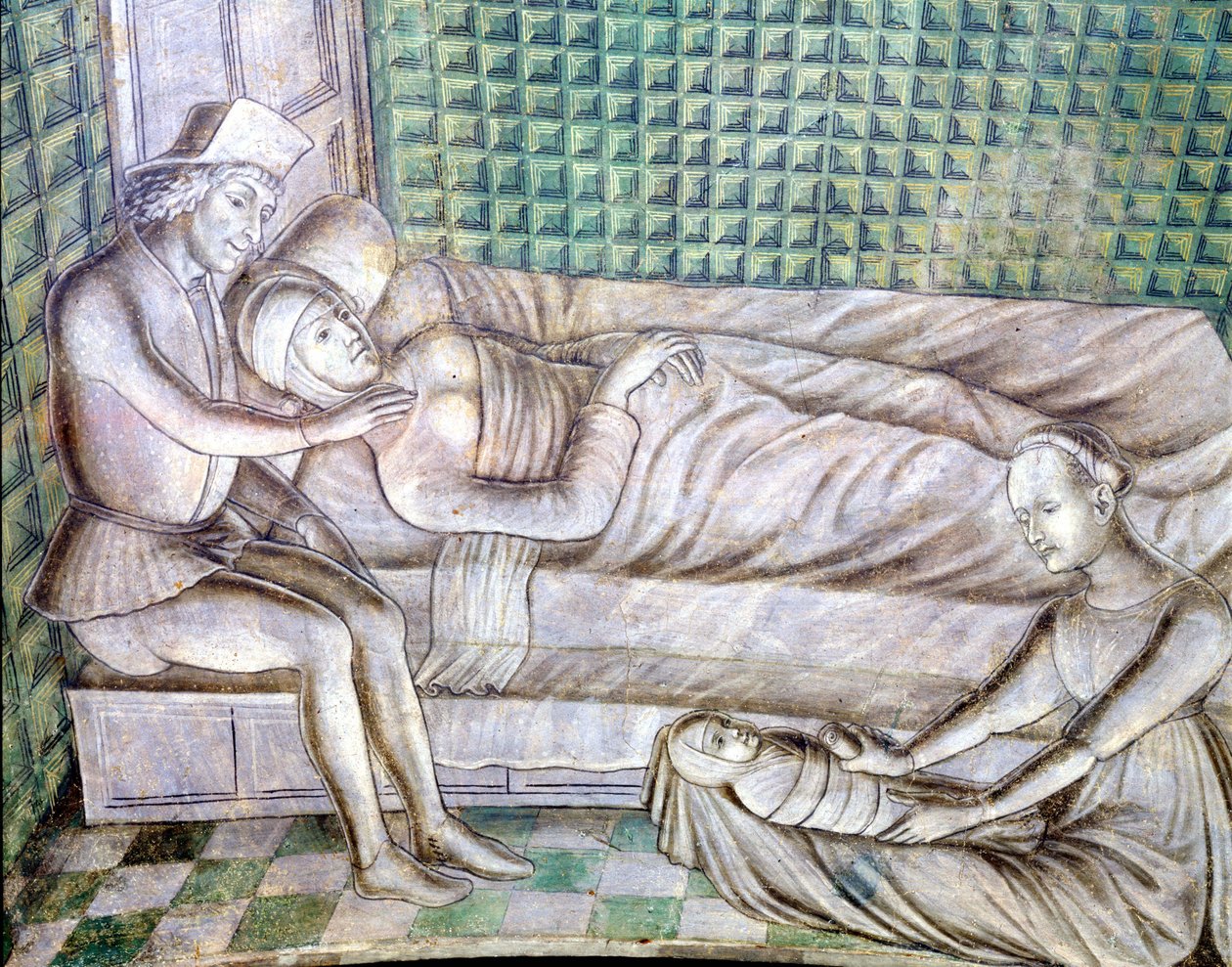 Detail van een fresco van het kasteel van Roccabianca in Parma uit 1480, nu in Castello Sforzesco in Milaan. Het vertegenwoordigt het verhaal van Griselda, uit een kort verhaal van Giovanni Boccacio