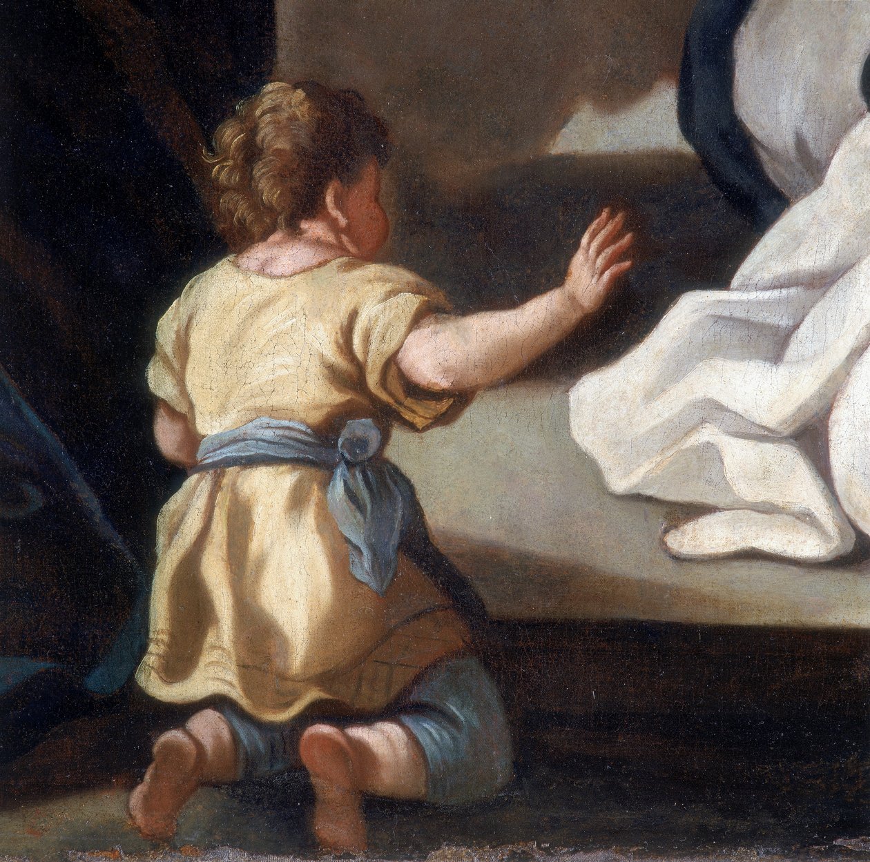 Detail van het schilderij dat de Madonna van de Rozenkrans met heiligen Dominicus en Catharina van Siena afbeeldt door Italian School