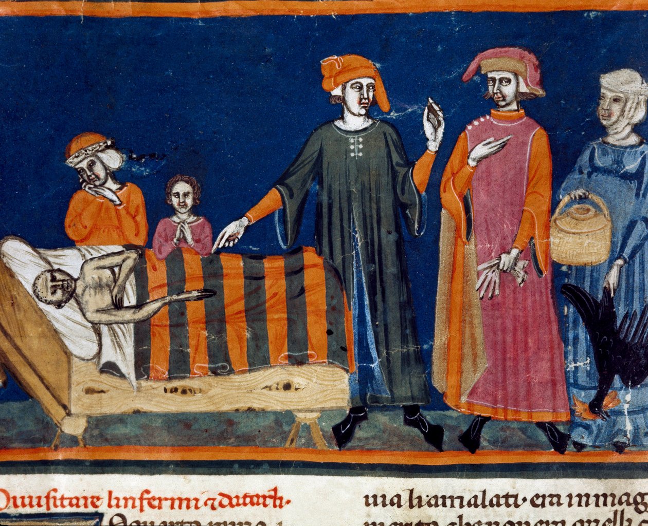 Dokken aan het bed van een zieke. Miniatuur van de Florentijnse school uit een verlengde editie van het Pater noster door Ser Zucchero Bencivenni (MS.II.VI 16) begin 14e eeuw door Italian School
