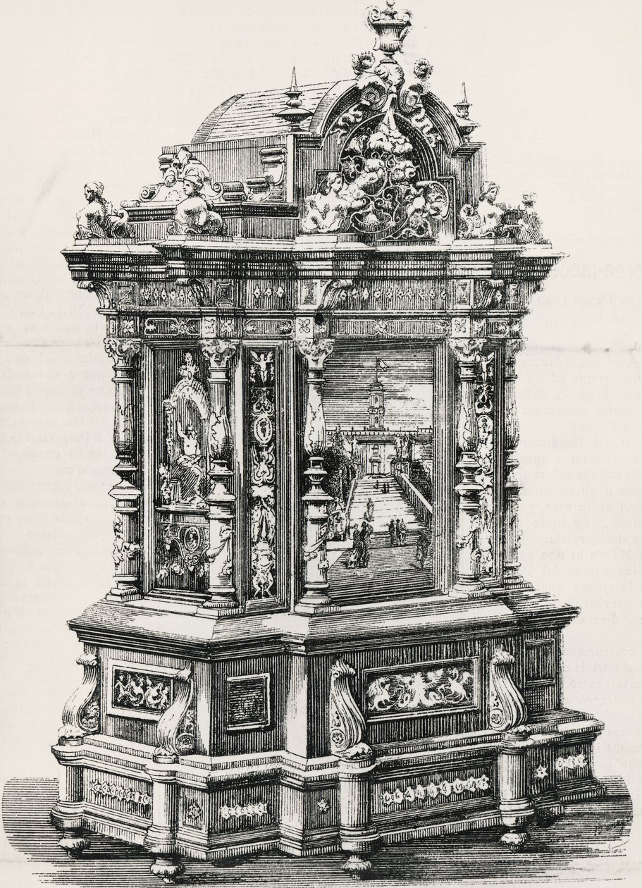 Ebbenhouten kabinet met inlegwerk door meubelmaker Alessandro Monteneri van Perugia (actief 19e-20e eeuw), illustratie uit Italiaanse tentoonstelling in 1881 in Milaan, Italië door Italian School