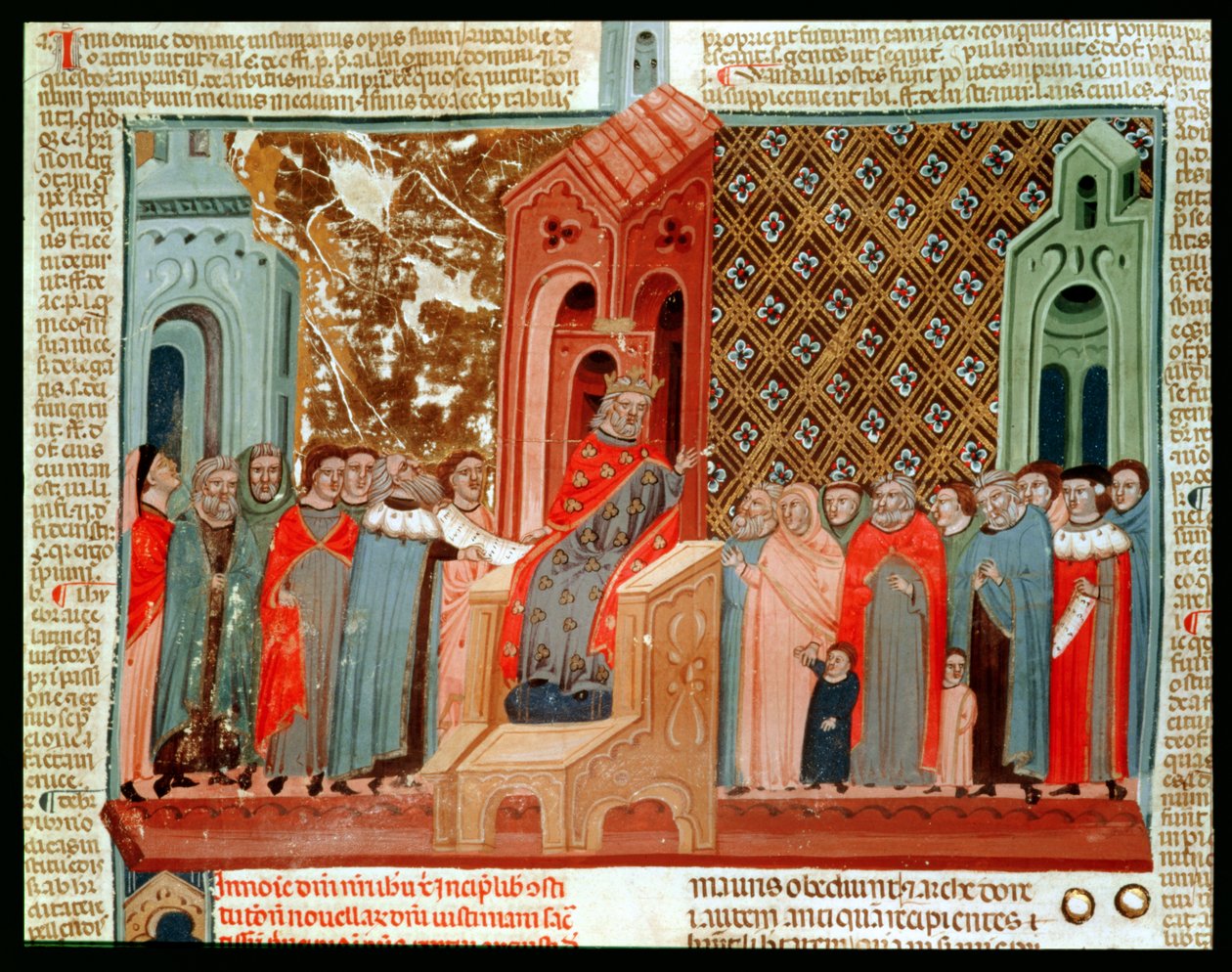 Keizer Justinianus (483-565) en zijn hof, uit Justinianus Istitutiones door Italian School