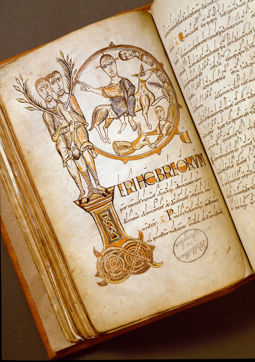 Intocht in Jeruzalem Manuscript van de Bolognese school. (MS.123-Foglio 54 v) 11e eeuw Rome, Biblioteca Angelica door Italian School