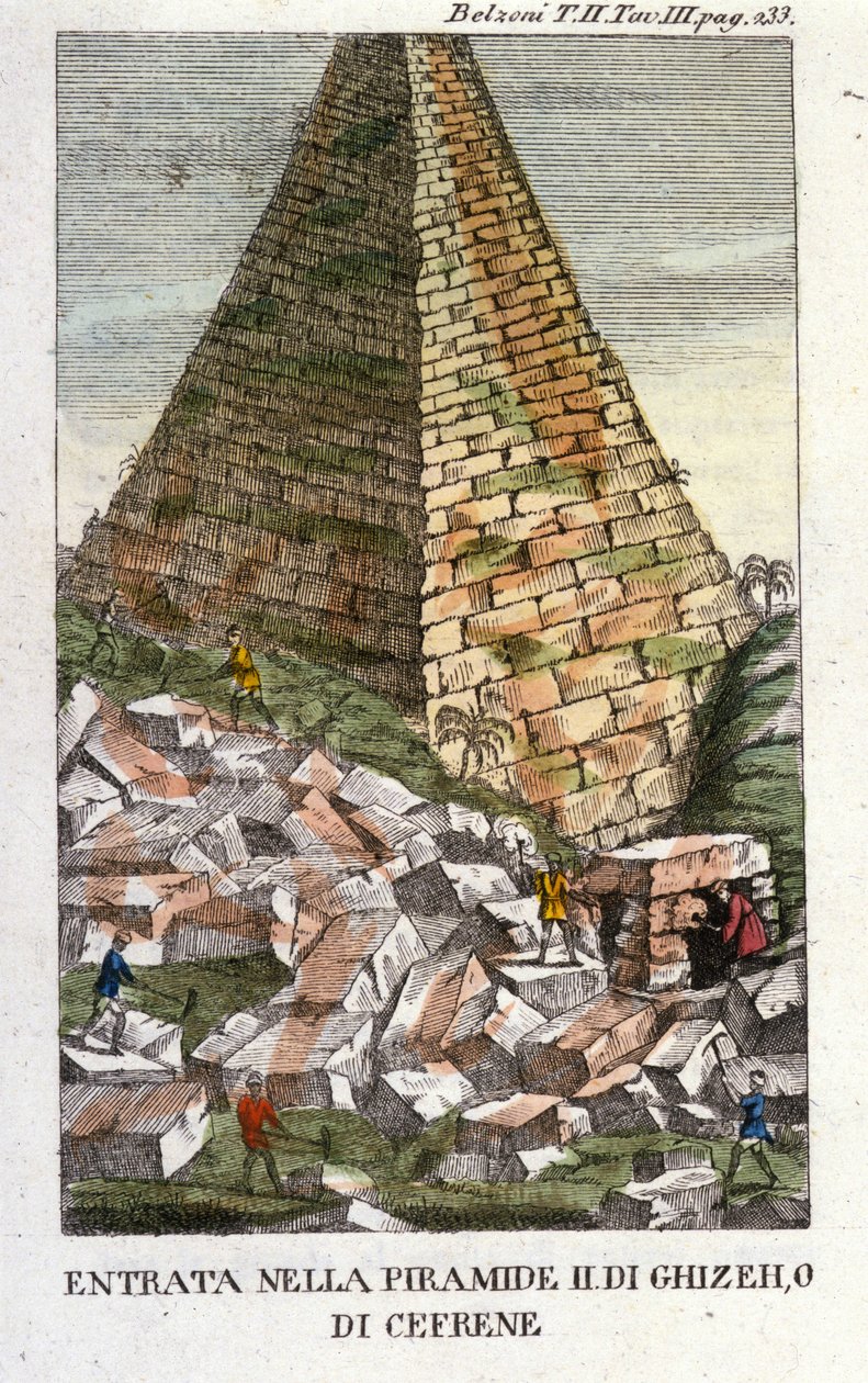 Toegang van Belzoni tot de piramide van Gizeh (Guiseh, Giza) of Chephren (Oude Rijk). Giovanni Battista (Gianbattista) Belzoni (1778-1823), Italiaanse ontdekkingsreiziger en archeoloog, deed belangrijke archeologische ontdekkingen in Egypte. Gravure door Italian School