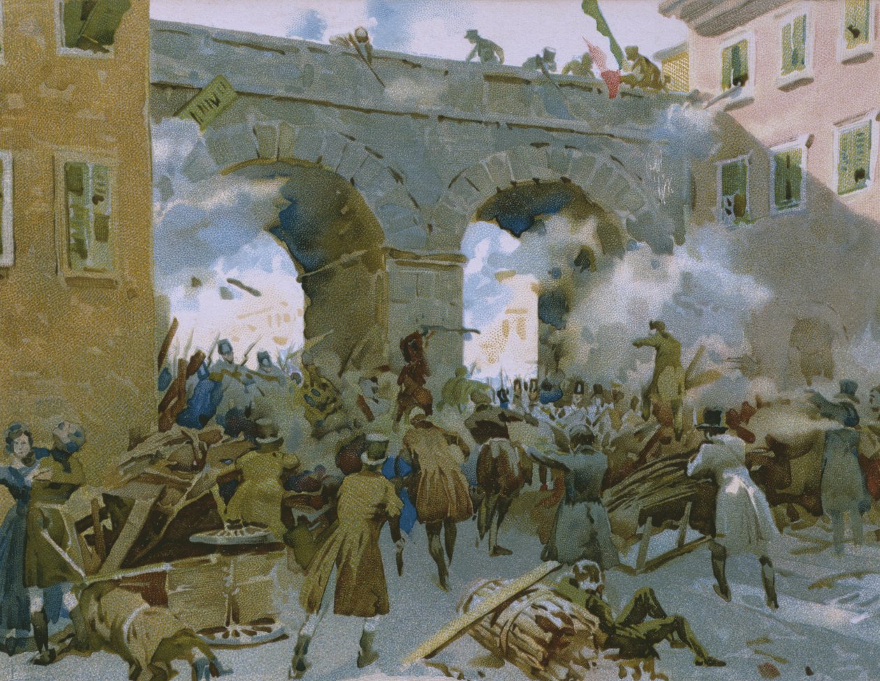 Gebeurtenissen van 18 tot 22 maart 1848, Milanezen verdrijven Oostenrijkers, illustratie uit een album over de geschiedenis van Risorgimento gemaakt voor de chocolade Talmone, eind 19e eeuw door Italian School