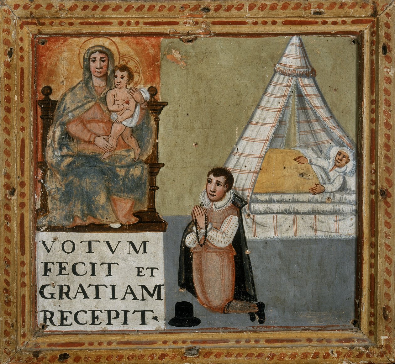 Ex-voto van een man die de Maagd dankt op zijn knieën voor genezing, 1604 door Italian School