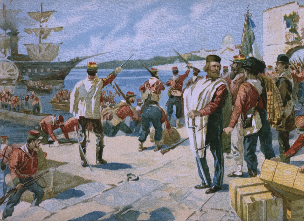 Expeditie van de Duizend onder leiding van Giuseppe Garibaldi, landing bij Marsala, Sicilië, 1860, illustratie uit een album over de geschiedenis van Risorgimento gemaakt voor de chocolade Talmone, eind 19e eeuw door Italian School