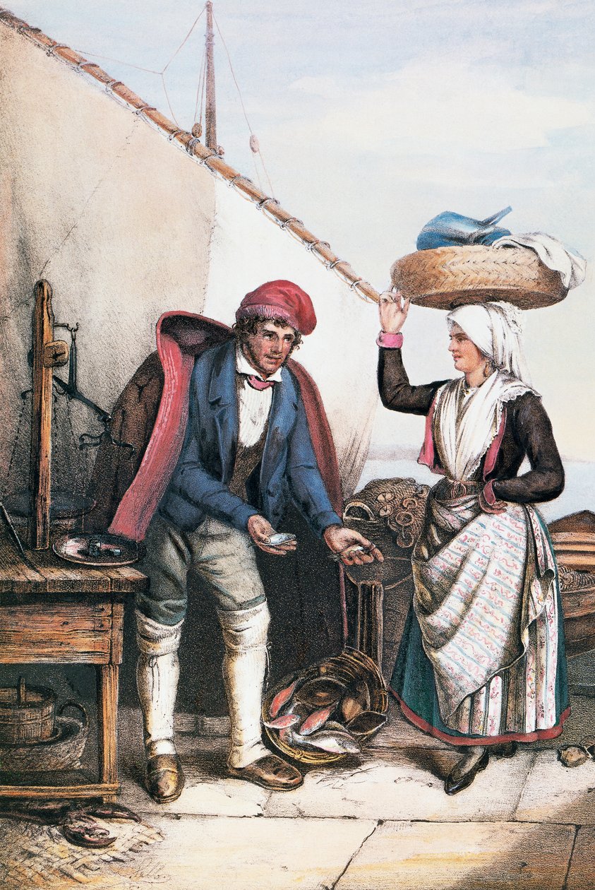 Visverkoper en boer, illustratie uit Kostuums van Istrië, Italië door Italian School