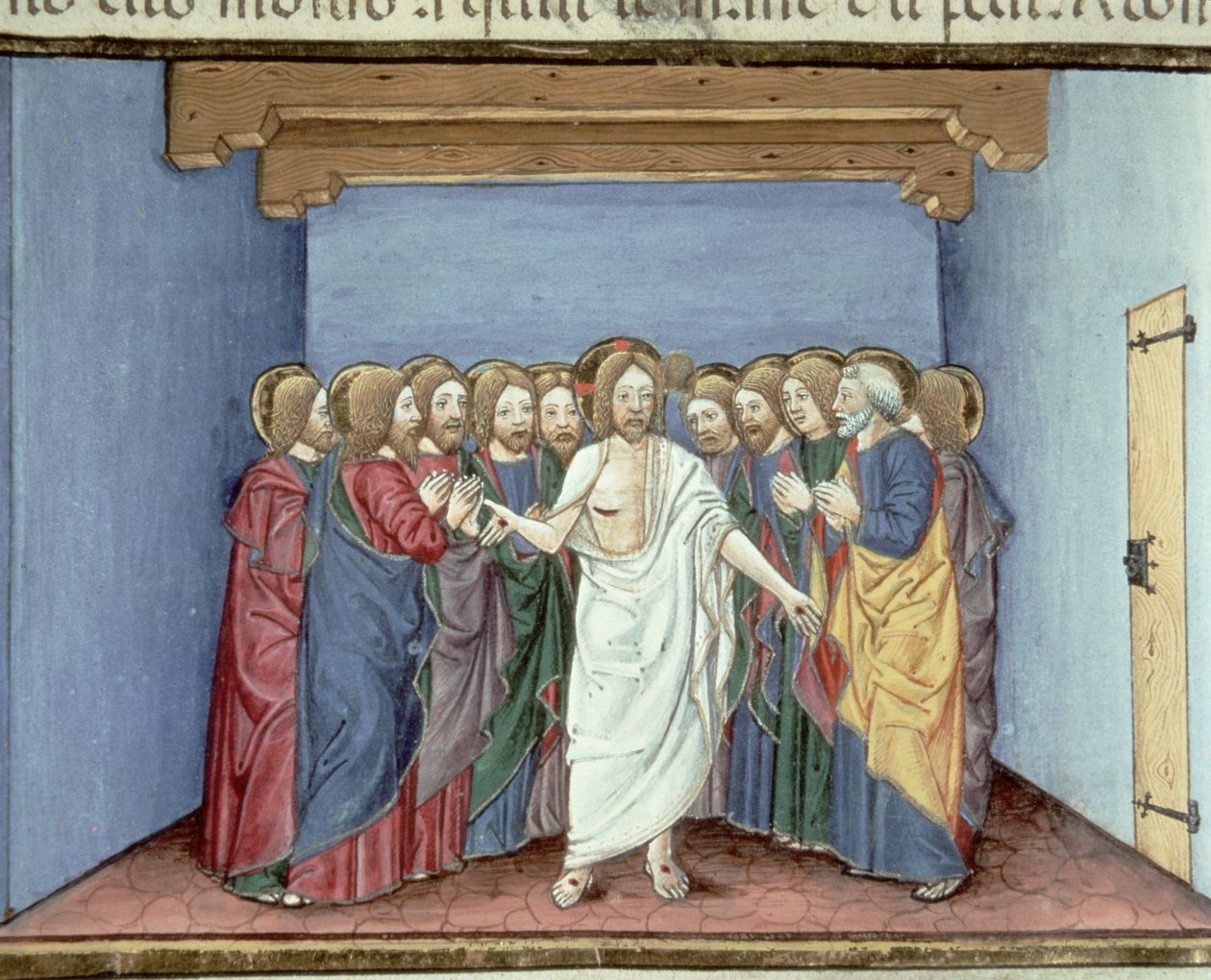 Fol.135v Jezus verschijnt aan de discipelen die onder één dak zijn verzameld uit angst voor de rechters door Italian School