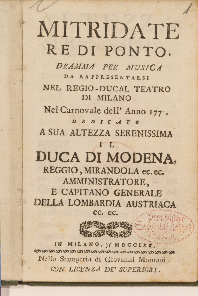 Frontispice van een vroege kopie van Mitridate, re di Ponte, een opera van Wolfgang Amadeus Mozart, 1770 door Italian School