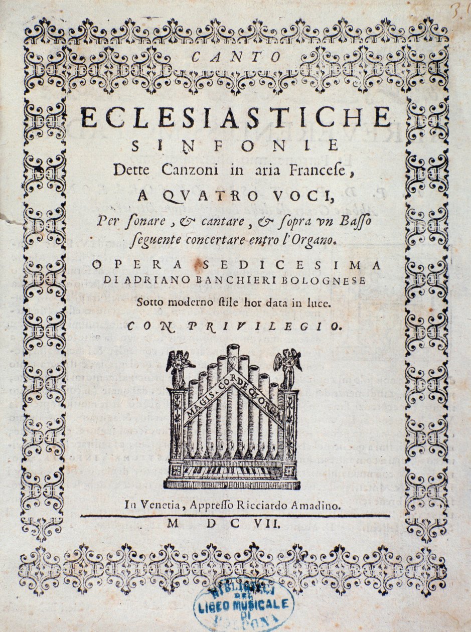 Frontispice van de partituur van Concerto 5 in "Canzoni alla francese" door Adriano Banchieri door Italian School