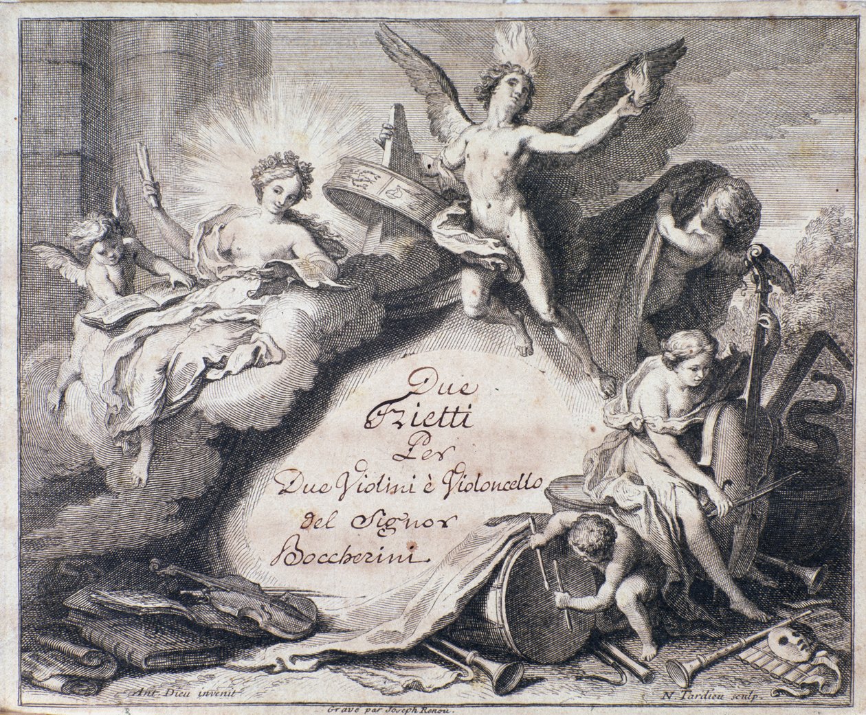 Frontispice van de partituur van Due trietti per due violini e violoncello door Luigi Boccherini. door Italian School