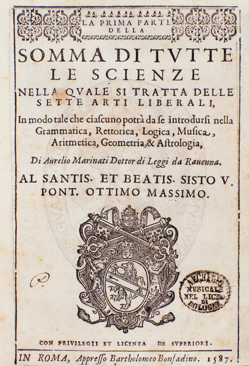 Frontispice genomen uit Somma di tutte le scienze, essay over de vrije kunsten, door Aurelio Marinati door Italian School