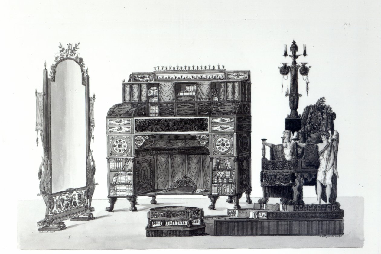 Meubilair in Griekse stijl uit Architecturale Decoraties door Gaetano Landi, gegraveerd door G. D