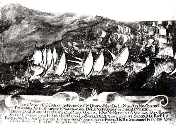 Generaal Francisco Morosini en de Venetiaanse vloot in een ontmoeting met de Turkse vloot voor de kust van Kreta, mei 1661 door Italian School