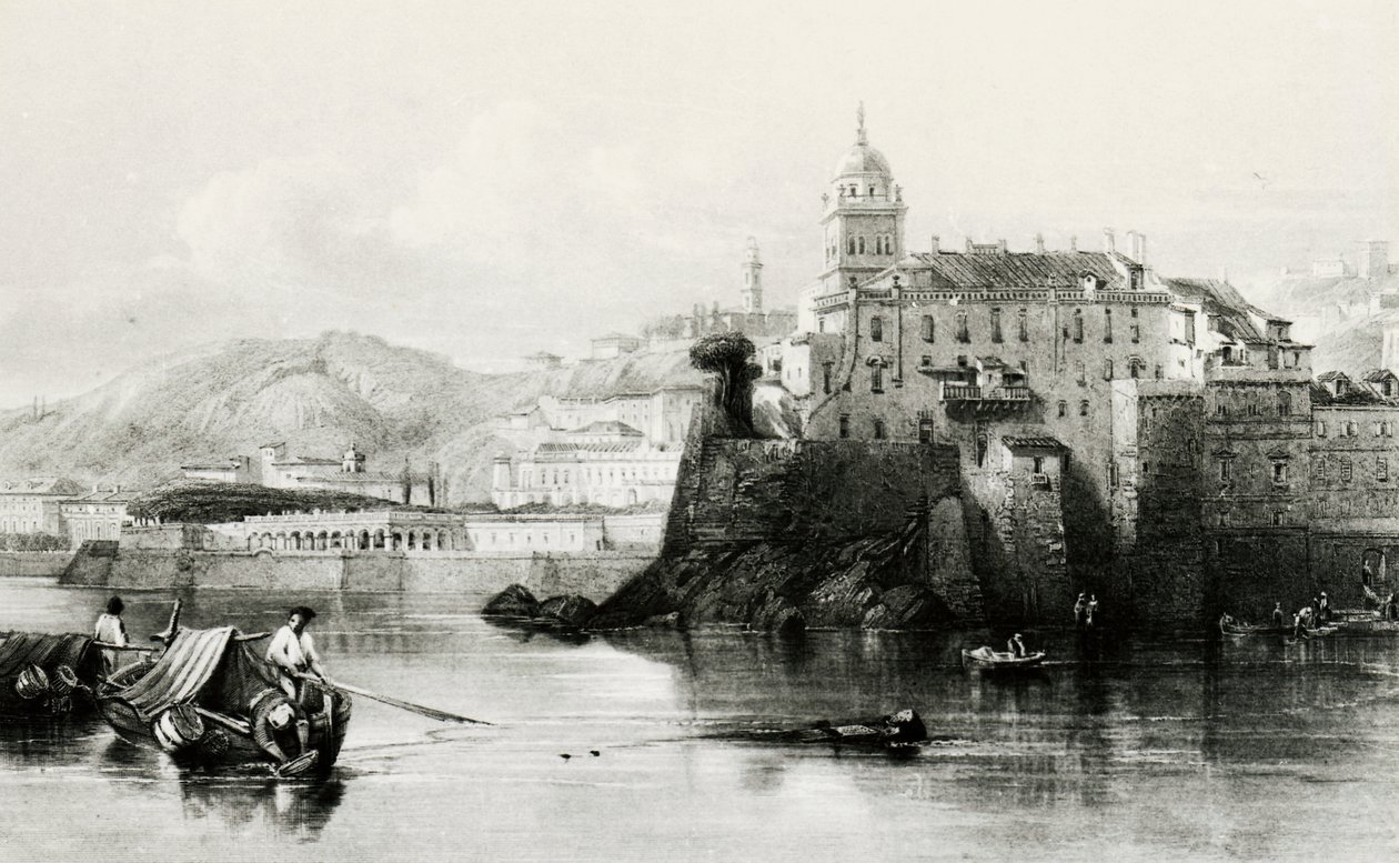 Genua marina muur met Villa Doria Pamphili op de achtergrond, gravure, ca. 1850, Italië door Italian School