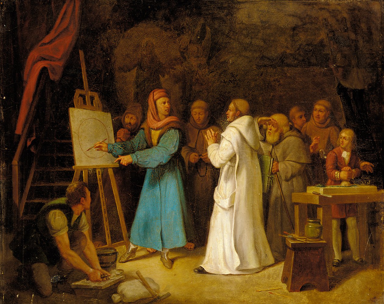 Giotto demonstreert de kunst van het tekenen in zijn atelier door Italian School