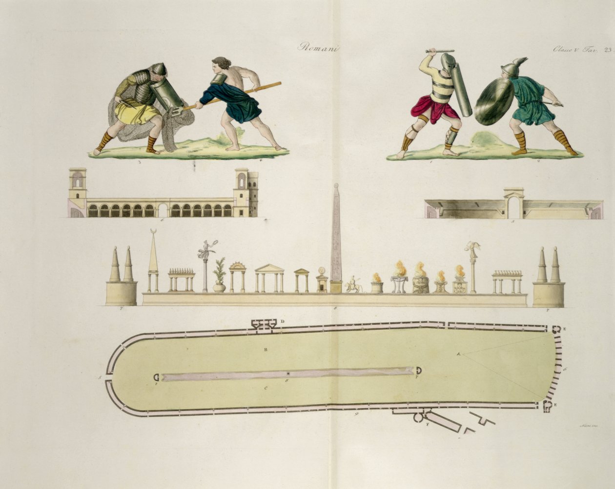 Gladiatoren en een plattegrond van het circus van Caracalla, plaat 23A, klasse 5 uit Deel I van De Geschiedenis van de Naties, gegraveerd door A. Nani door Italian School