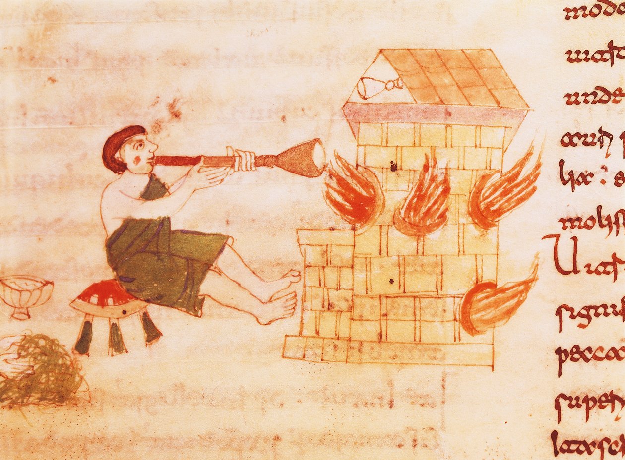 Glasblazers, miniatuur uit "De universo" door Rabano Mauro, manuscript, Italië 11e eeuw door Italian School