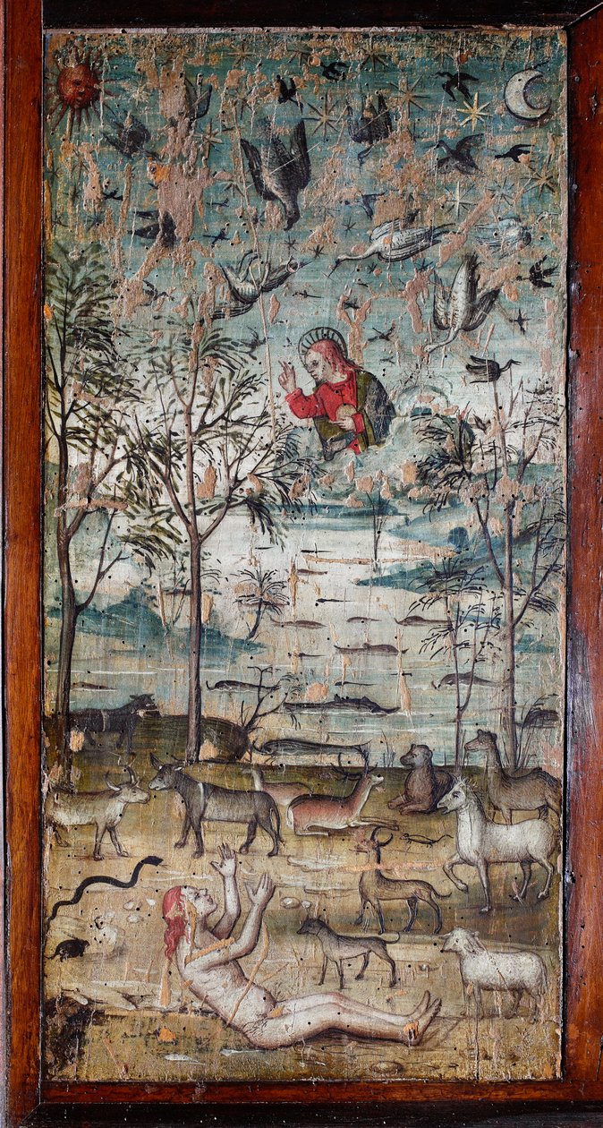 God creëert Adam, dier, land, lucht en water Houtsnijwerk dat een kastpaneel van de oude sacristie van Bramante siert door Italian School