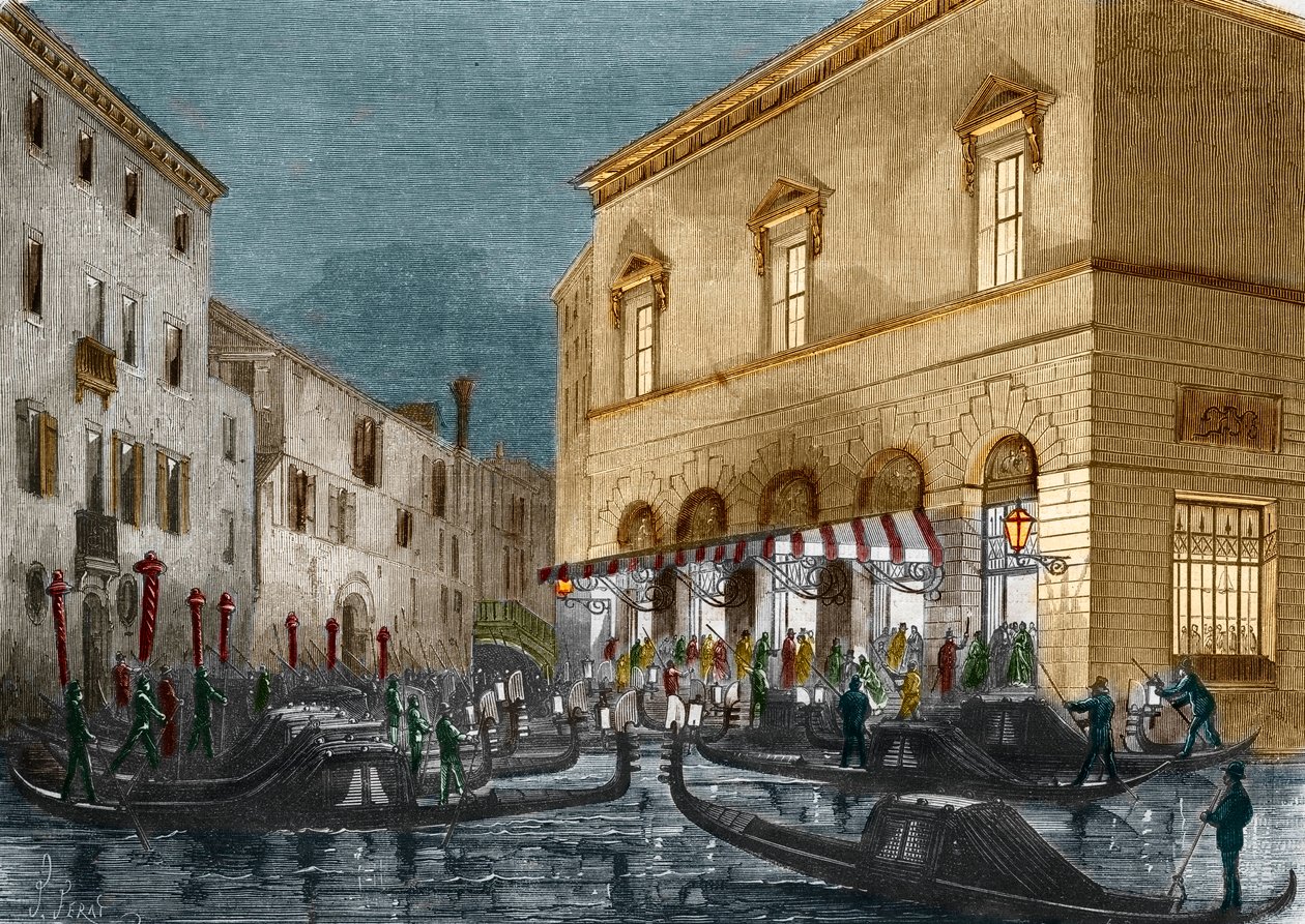 Gondeliers wachten op toeschouwers buiten het Teatro La Fenice, Venetië, Italië, uit Le Monde Illustré nr. 564, 1868 door Italian School
