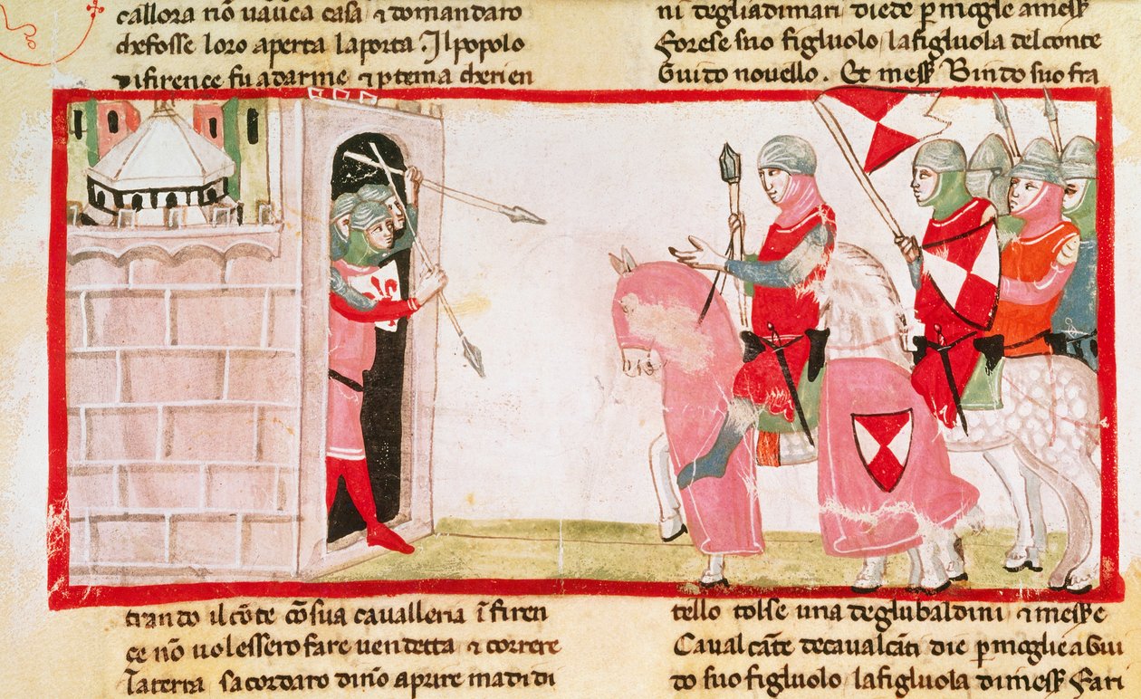 Guelfen blokkeren Ghibellijnen om de stad opnieuw binnen te komen, miniatuur uit de Cronica door Giovanni Villani, manuscript, Italië 14e eeuw door Italian School
