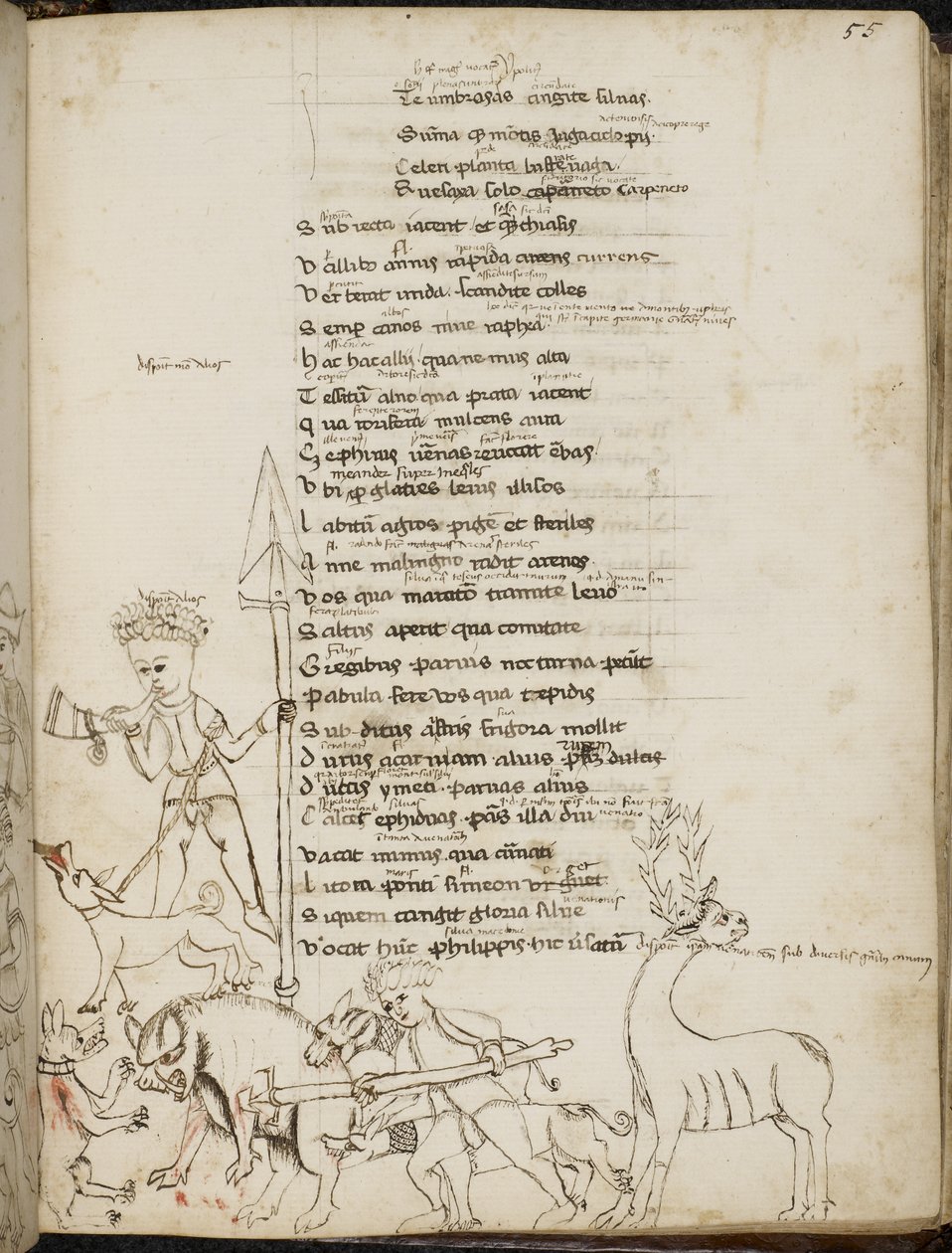 Harley 2453, f.55 Een jachtscène met een everzwijn, een hert, jagers, honden en een haas, uit 