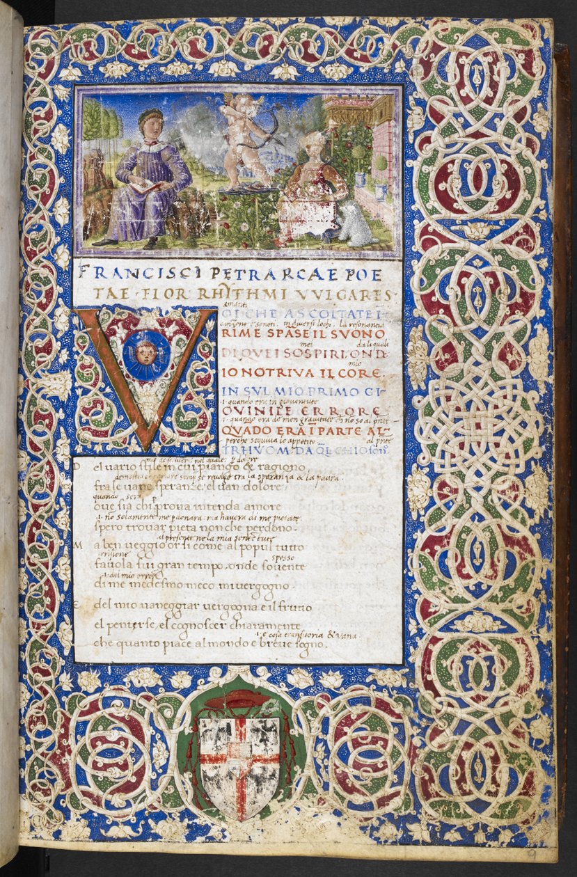 Miniatuur van Petrarca en Laura, met Amor die zijn pijl op Laura richt, uit 