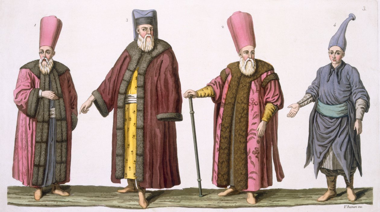 Hoofd Usher van de Harem, Kapitein van de Harem Ushers, Harem Usher en Pageboy, plaat 3 uit Deel III, Volume I van De Geschiedenis van de Naties, gegraveerd door V. Raineri door Italian School