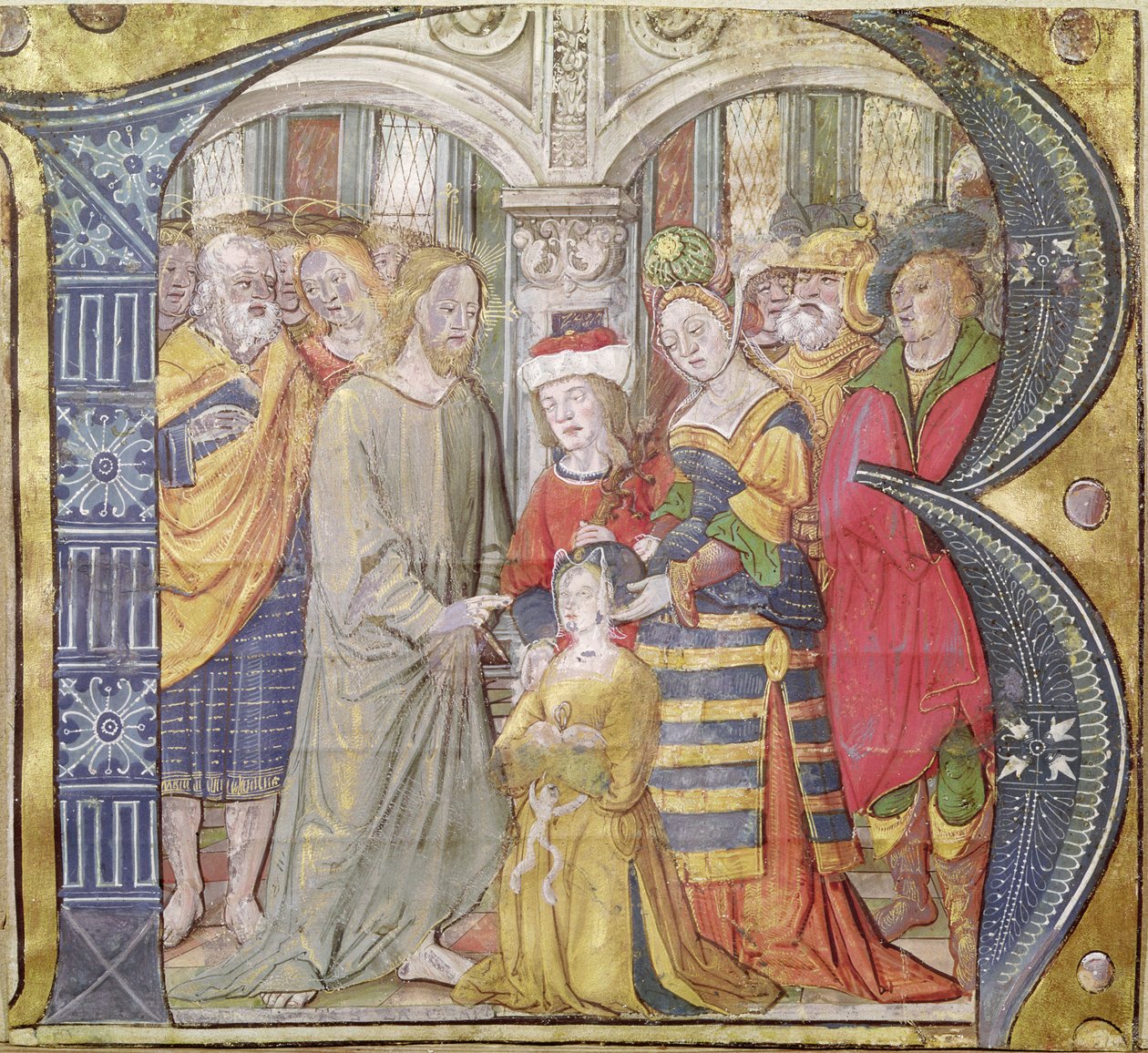 Geïllustreerde initiaal B die Christus afbeeldt die een bezeten vrouw geneest door Italian School