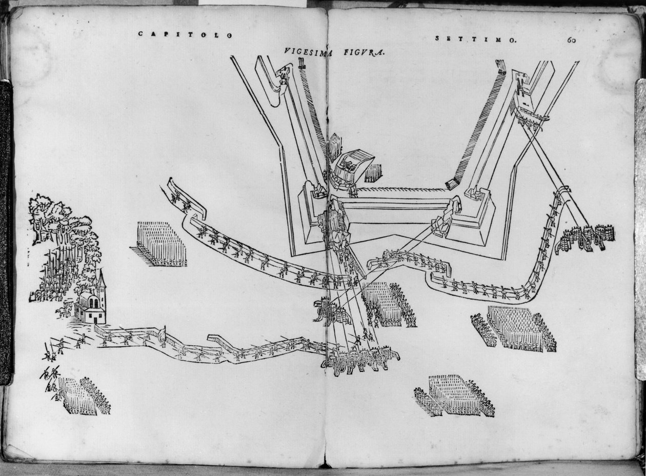 Hoe de schietpalen aan te passen en hoe de hoek van de muren te kiezen, illustratie uit Opera nuova di fortificare door Girolamo Cataneo Novarese, Brescia, 1564 door Italian School