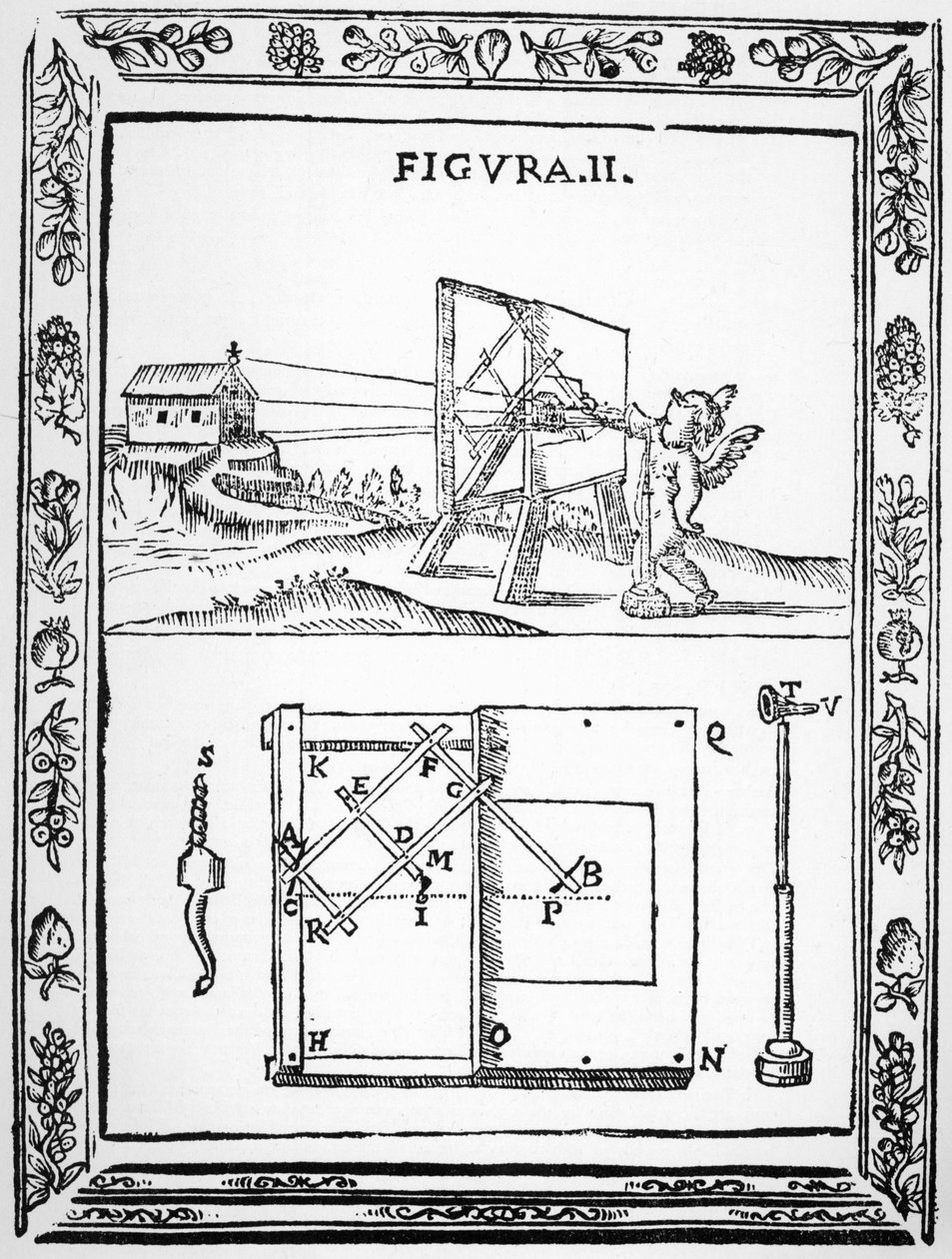 Illustratie van Giulio Troilis idee om een pantograaf te gebruiken om in perspectief te tekenen, uit het origineel gepubliceerd in 1683 door Italian School