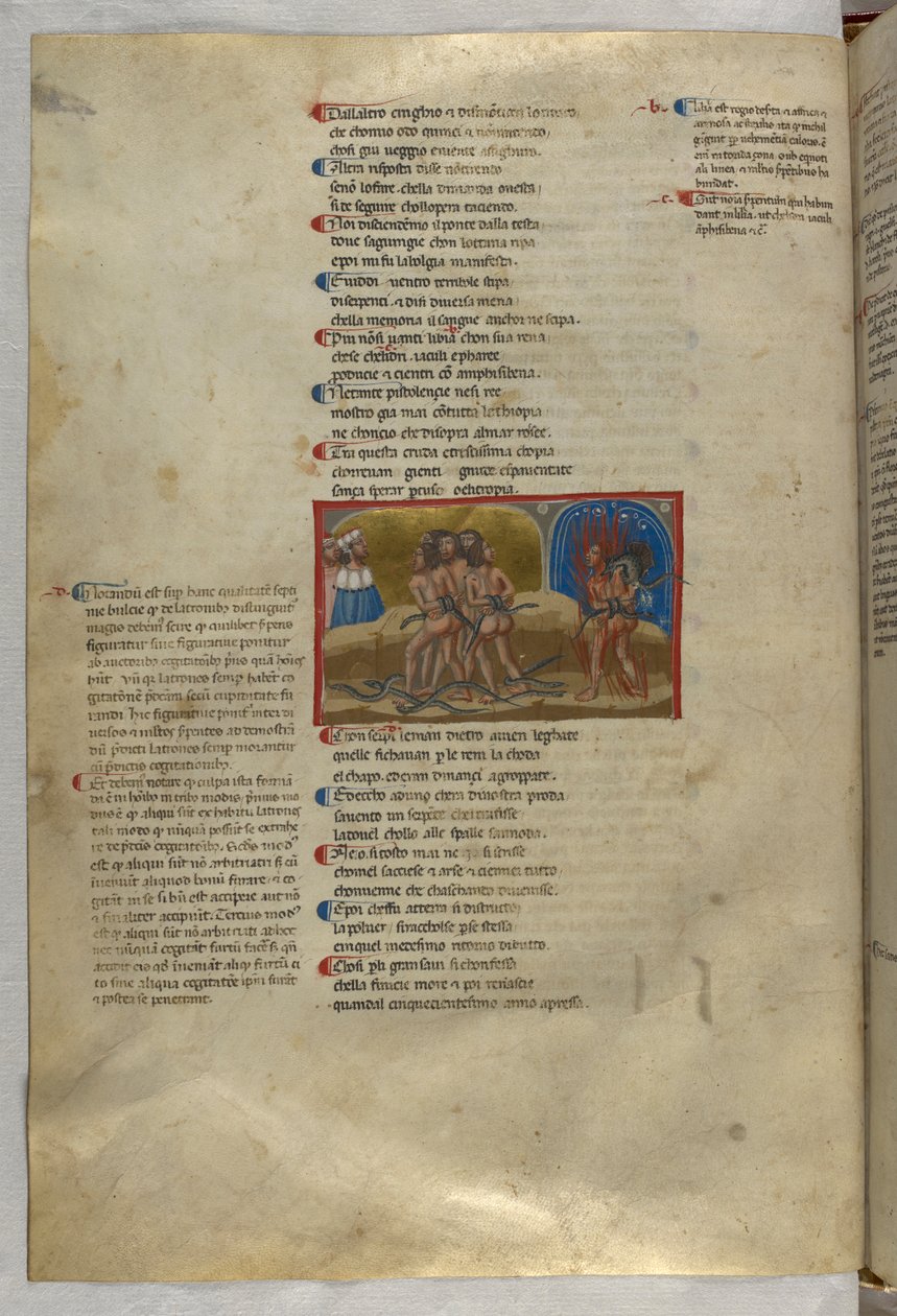 Inferno: Een groep dieven, waarvan één, Vanni Fucci, wordt aangevallen door een draak en verteerd door vlammen (gravure) door Italian School