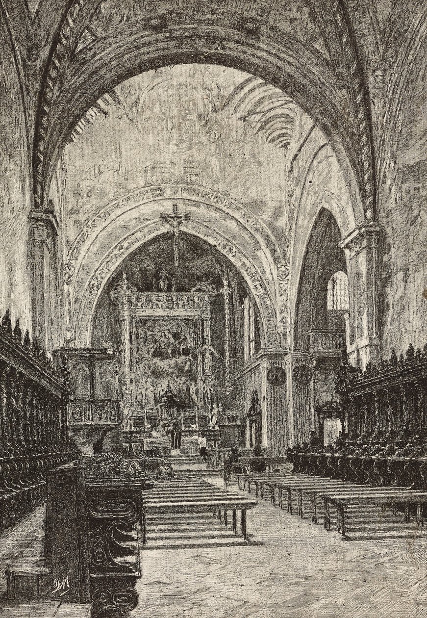 Interieur van de Chiaravalle kerk, Italië, gravure naar tekening van Quinto Michetti, uit L