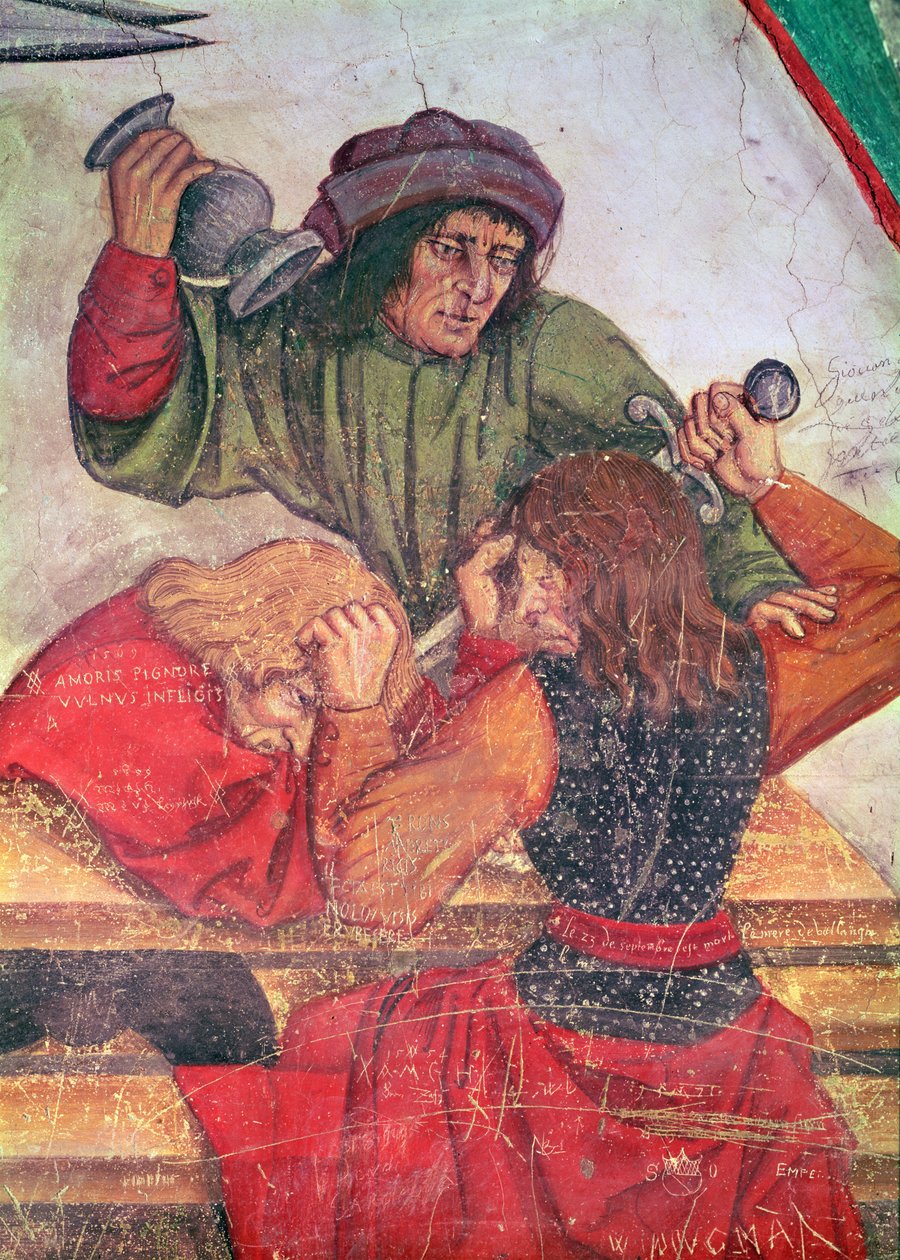 Interieur van een herberg, detail van vechtende drinkers (detail) door Italian School