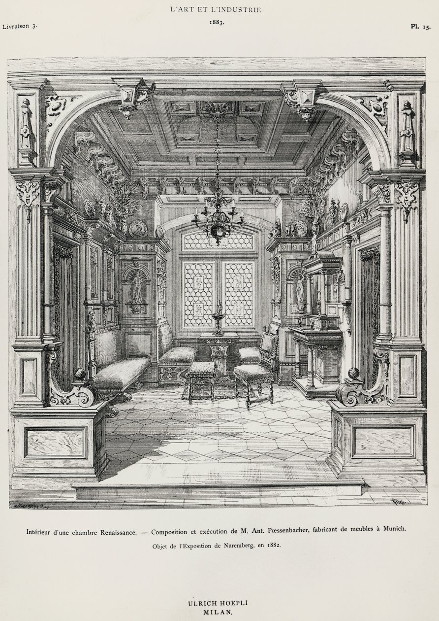 Interieur van slaapkamer in neorenaissancestijl door Possenbacher, Monaco, illustratie uit L