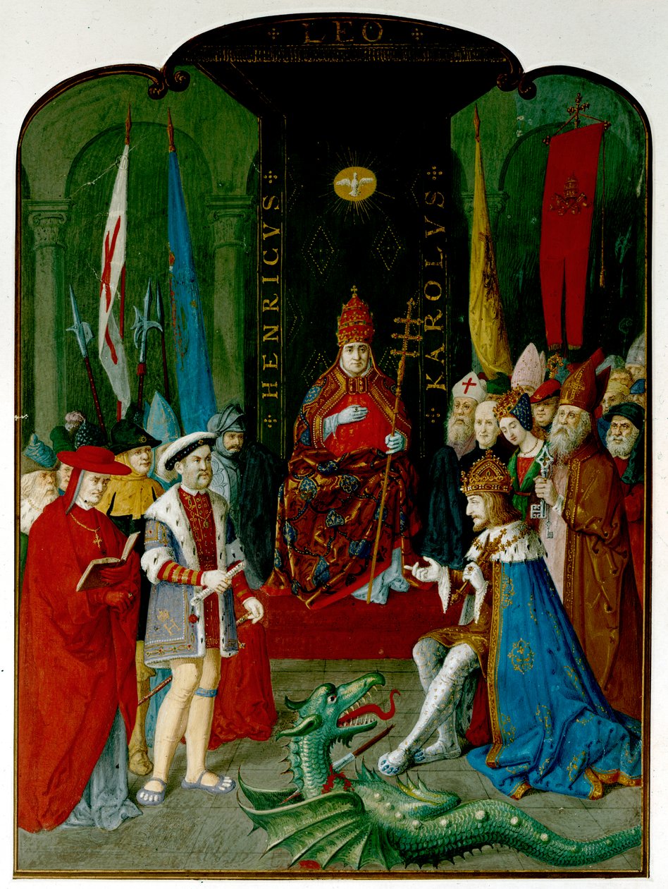 Koning Hendrik VIII in geschil met keizer Karel V voor paus Leo X. Hendrik houdt een rol vast, mogelijk de bul van 1521 die hem de titel 