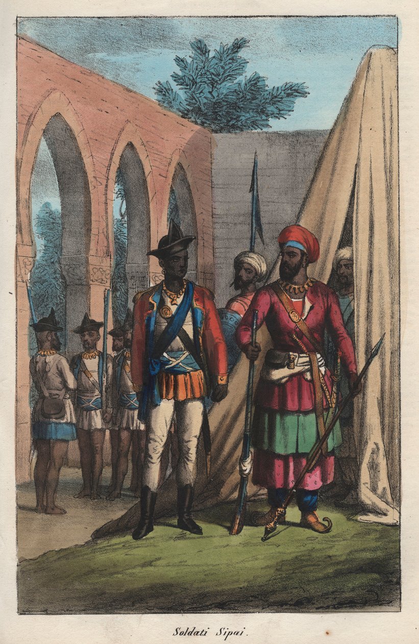 De sepoys, leger samengesteld uit Indiërs in dienst van de Oost-Indische Compagnie - Indiase sepoy (soldaat) - gravure uit 