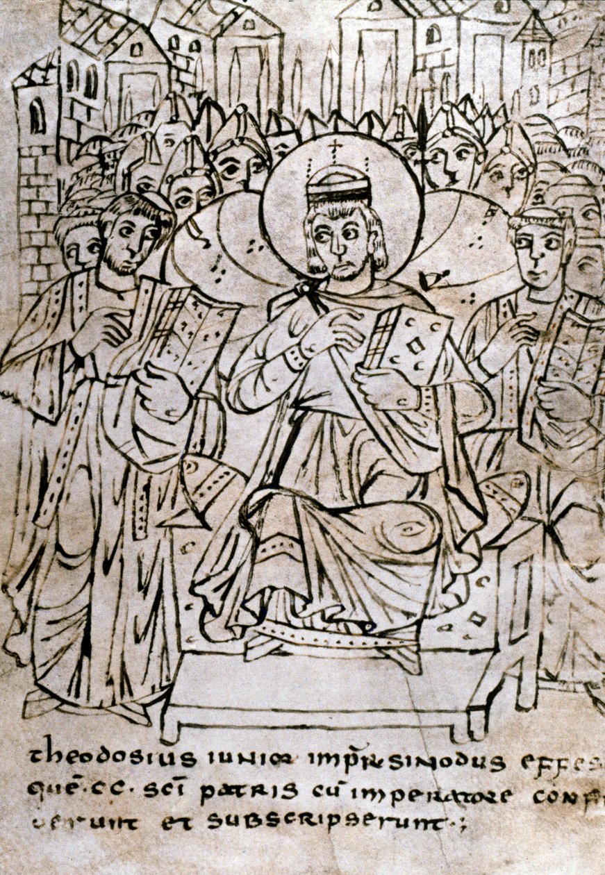 Lombardische kunst: Keizer Theodosius II (401-450) op het Concilie van Efeze op 22/06/431, veroordeling van het nestorianisme door Italian School