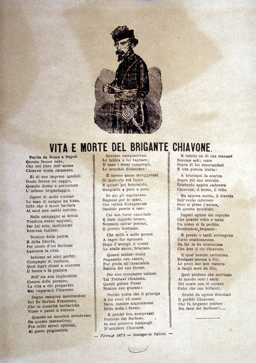 Liedtekst van een populair lied over de rovers van Chiavone door Italian School