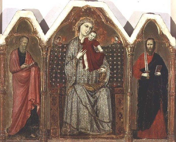 Madonna en kind op de troon, met HH. Johannes de Evangelist en Paulus, Riminese School (drieluik paneel) door Italian School