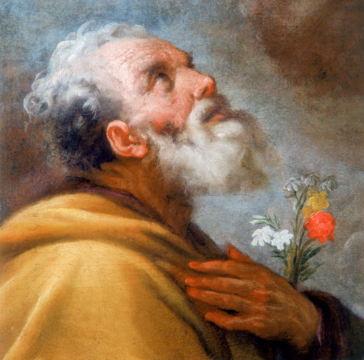 Madonna en Kind met heiligen Jozef en Gregorius de Grote en de zielen van het Vagevuur (detail van het gezicht van St. Jozef) door Italian School