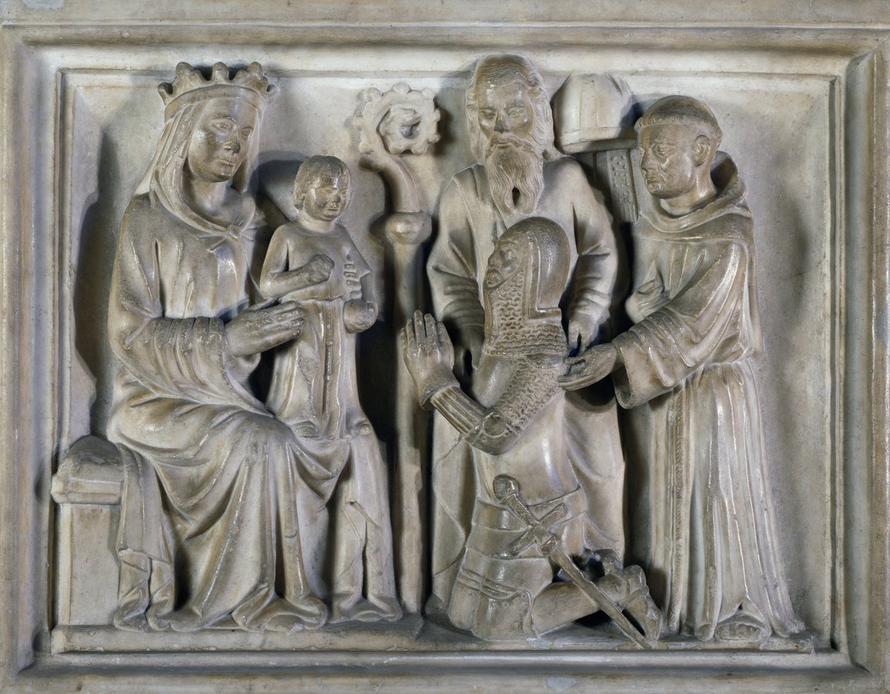 Madonna en Kind, met een krijger en heiligen, reliëf door De Meesters van Campione door Italian School