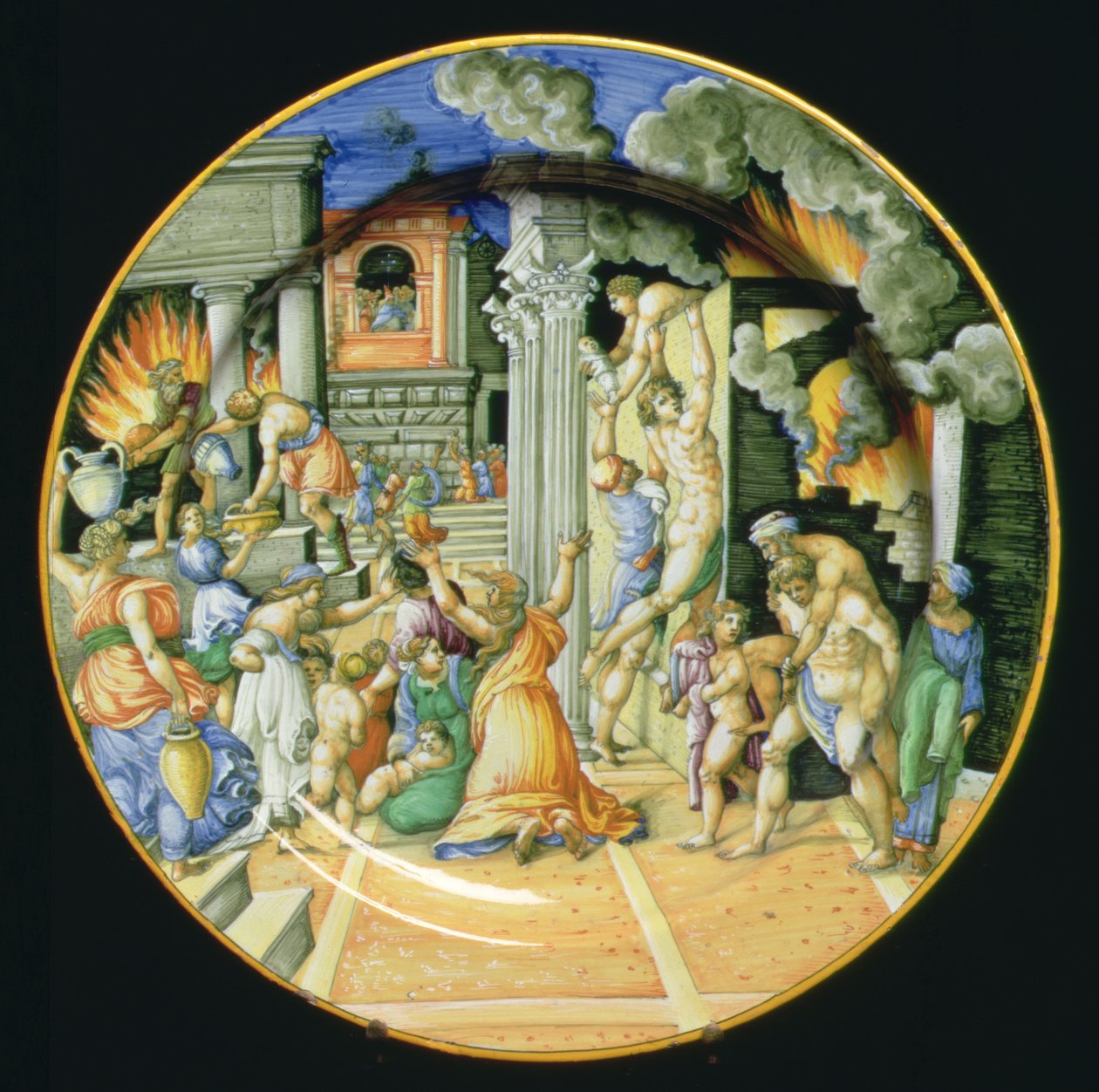Maiolica bord dat de verbranding van Troje afbeeldt met Aeneas die zijn vader Anchises op zijn rug draagt met zijn zoon Ascanius aan zijn zijde, Italiaans door Italian School